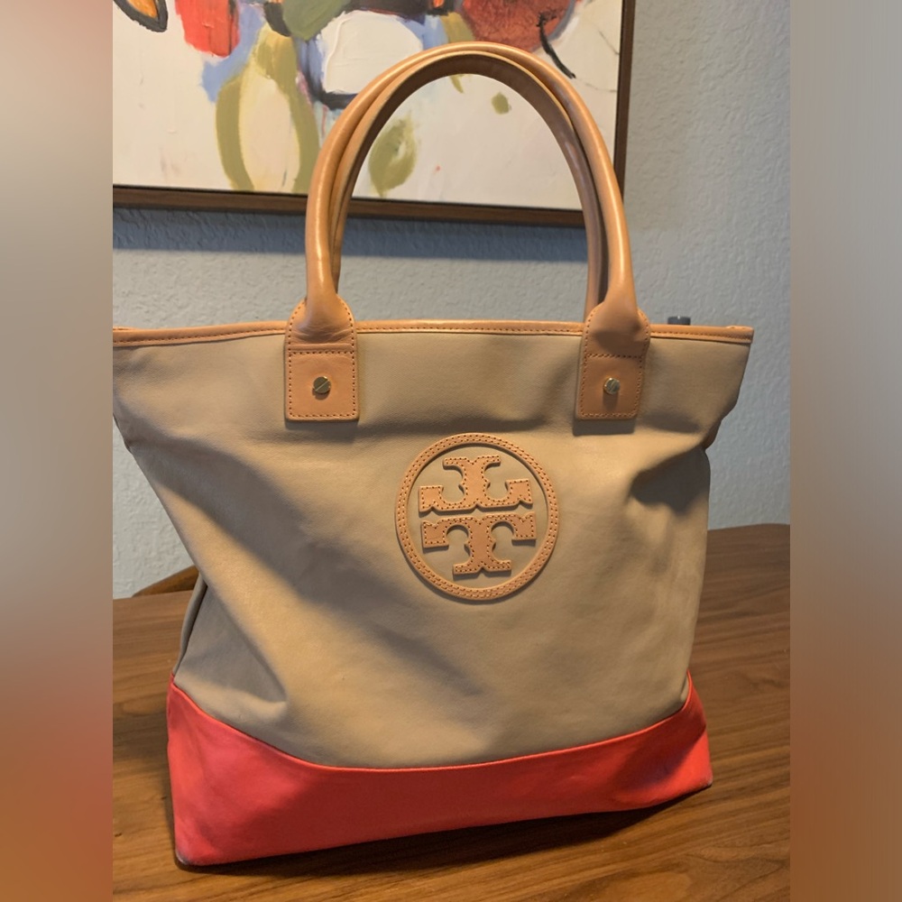 Tory Burch canvas tote bag. Tan/ orange
